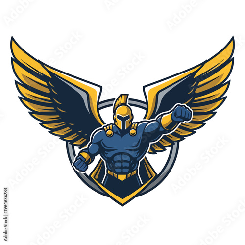 Dynamic winged warrior mascot illustration with Spartan helmet and powerful pose