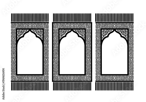 Set of Three Islamic Prayer Rugs with Geometric Ornaments and Mihrab Arch. Black and White Sajadah Vector Illustration for Ramadan, Eid, and Muslim Religious Concepts.