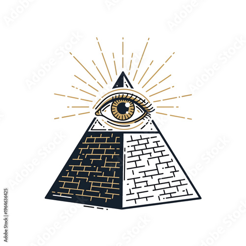 Beautiful Vector Illustration of All-Seeing Eye on Pyramid with Radiant Beams, Iconic Graphic Design