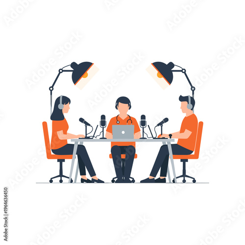 Three podcasters in a studio with professional recording equipment and lighting.