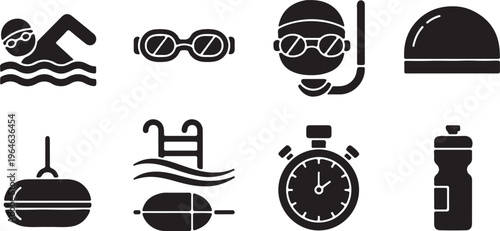 Swimming and water sports icon set, black solid vector symbols for pool activities, professional swimmer equipment and diving gear collection isolated PNG with Transparent Background
