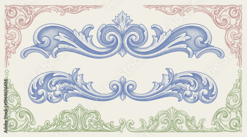 baroque victorian frame border illustration vintage floral ornament vector line art hand drawn set collection