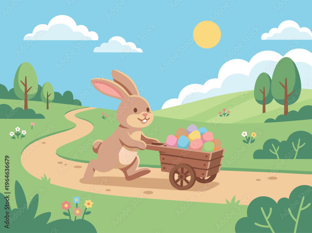 Fototapeta premium Easter Bunny Pushing Cart Full of Colorful Eggs Through a Sunny Meadow.