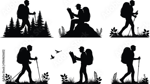 Hiker silhouette collection set, men trekking with backpacks, walking in forest, mountain climbing, outdoor adventure, traveling, isolated on white background.