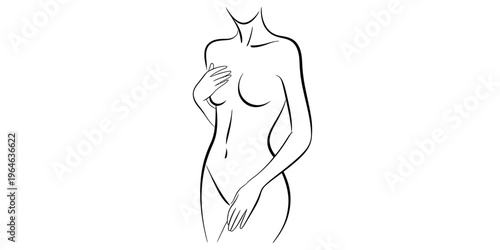 A minimal black and white line art drawing featuring the elegant silhouette of a female torso Vector, illustration