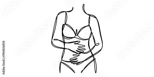 Minimalist continuous line drawing of a woman wearing a bikini and holding her stomach area Vector, illustration
