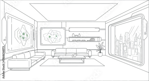 An illustration depicting a sophisticated futuristic living space with clean lines, minimalist furniture, and a panoramic window overlooking a modern urban cityscape.