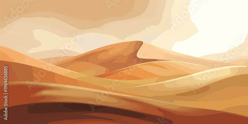 Flat Vector Illustration of Minimalist Desert Landscape with Golden Sand Dunes and Layered Hills at SunsetAdobe Illustrator Artwork