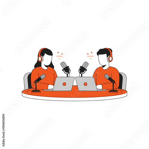 Podcast interview with two people using microphones and laptops at round table.