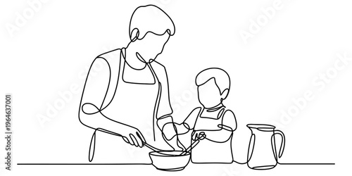 A single continuous line drawing of a parent and child baking together in the kitchen at home Vector, illustration