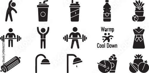 Fitness and workout icon set, black solid gym symbols for exercise and nutrition, 15 vector elements for bodybuilding and healthy lifestyle isolated PNG with Transparent Background