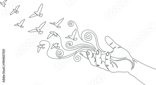 A beautiful minimalist continuous line art illustration depicting a human hand releasing a flock of birds and swirling abstract elements into the open air representing freedom and dreams.