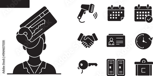 Black silhouette hotel service icons set, hospitality management vector elements, concierge and guest check-in symbols for travel and tourism isolated PNG with Transparent Background