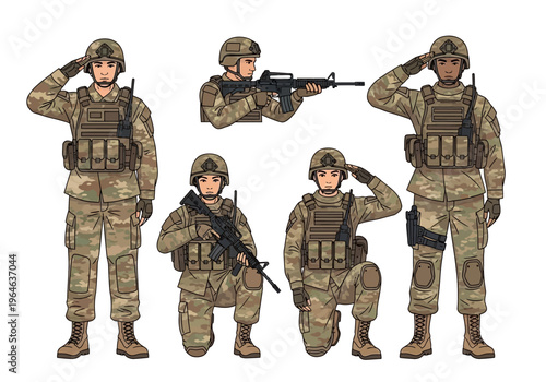 Military Soldier Character Set in Camouflage Uniform, Saluting and Combat Poses, Tactical Infantry Illustration Pack