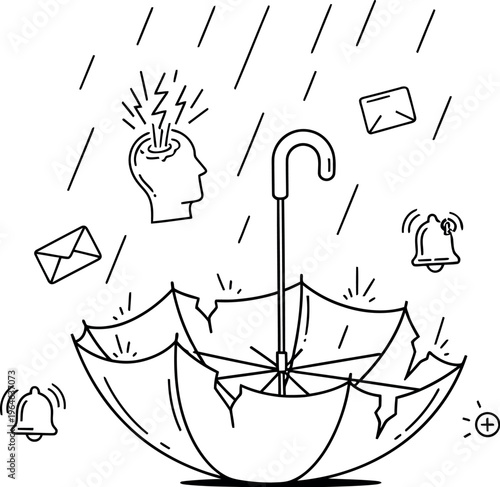 Broken umbrella failing to protect from a deluge of digital notifications, emails, and overwhelming thoughts, symbolizing modern stress and mental health challenges.