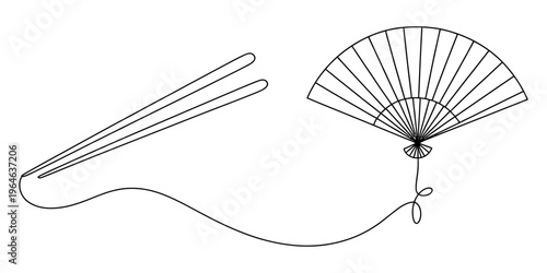 A simple black and white line art illustration showing a handheld folding fan connected by a thread Vector, illustration