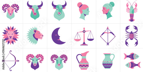 Zodiac Astrology Icon Set with Horoscope Symbols, Animals, Scales, Bow, Moon and Decorative Elements for Mystic Design, Branding, Apps and Spiritual Graphics
