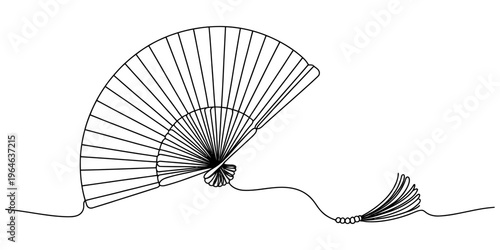 A single continuous line drawing of a folding hand fan with a decorative tassel on white background Vector, illustration