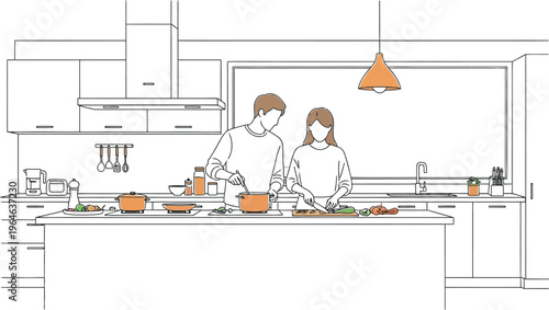 Young couple diligently preparing a healthy meal together in their modern kitchen with a city view backdrop