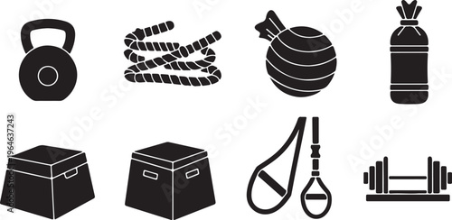 Black gym equipment icon set, functional fitness workout tools vector collection, kettlebell and battle rope silhouettes for cross training isolated PNG with Transparent Background