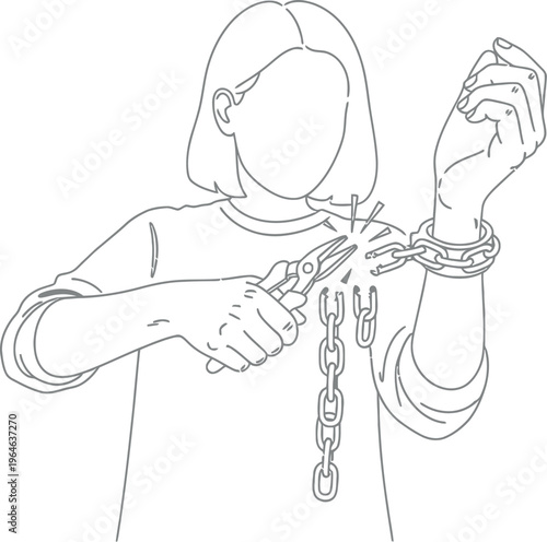 A determined individual courageously uses pliers to break a heavy metal chain from their wrist, illustrating the powerful concept of achieving freedom and personal liberation.