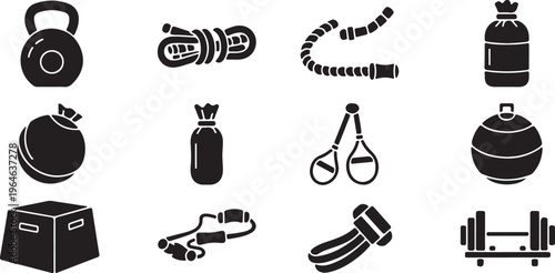 Gym equipment icon set, 12 fitness training vector elements, black silhouette workout tools for crossfit and bodybuilding, strength exercise gear isolated PNG with Transparent Background