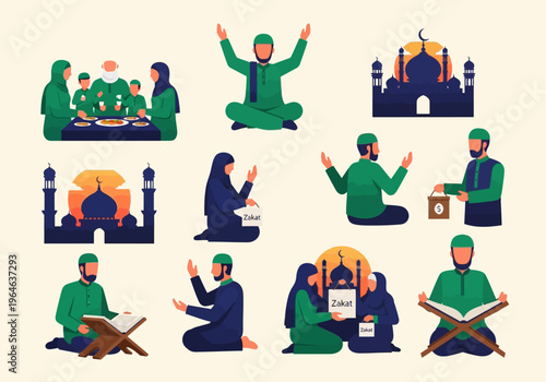 Islamic Ramadan Activities Vector Set with Muslim Family Eating Iftar, Giving Zakat Charity, Praying Dua, and Reading Holy Quran in Flat Style