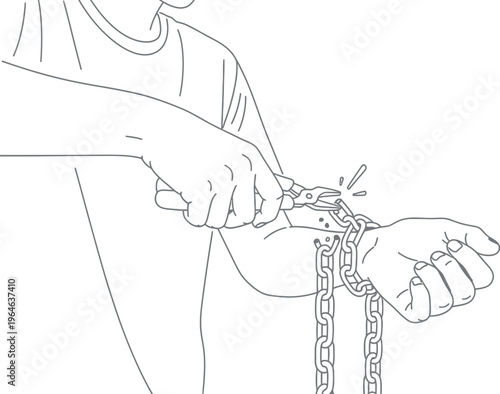 Person using pliers to actively cut a heavy metal chain restraining their wrist symbolizing personal freedom and overcoming adversity