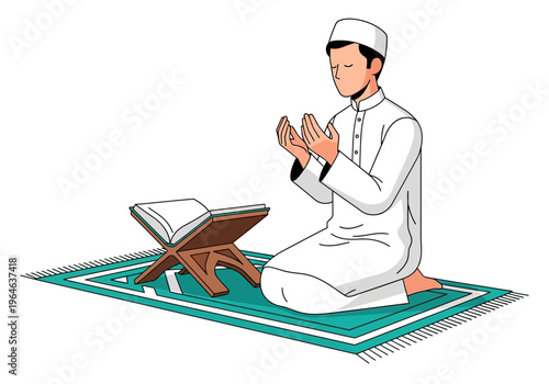 Muslim Man Praying and Making Dua on Prayer Mat with Holy Quran Vector Illustration - Islamic Devotion and Ramadan Concept