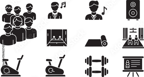 Black solid icons for fitness and lifestyle, set of 11 vector elements, gym equipment and group activities for wellness app design isolated PNG with Transparent Background
