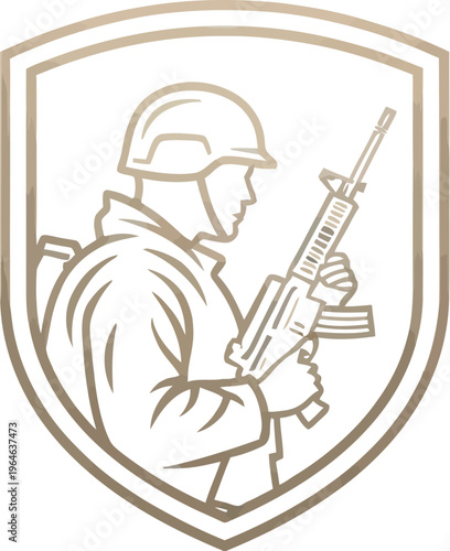 Stylish golden line art emblem depicting a soldier in profile, wearing a helmet and holding a modern assault rifle, perfectly enclosed within a classic shield design.