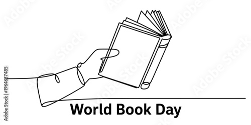 A continuous line drawing of a hand holding an open book for the celebration of world book day Vector, illustration