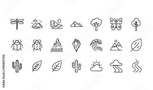 Modern nature linear icon pack with dragonfly butterfly tree desert and eco elements for UI design