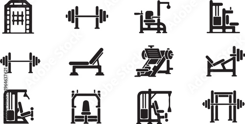 Gym equipment icon set, 12 black fitness machine vector illustrations, bodybuilding workout gear and weightlifting station symbols for health club isolated PNG with Transparent Background