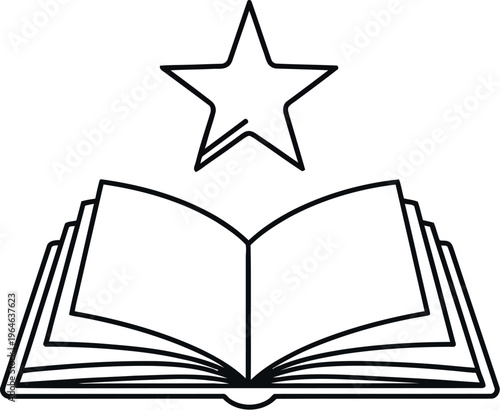 Simple black line art icon depicting an open book with a single outline star floating directly above its center pages.