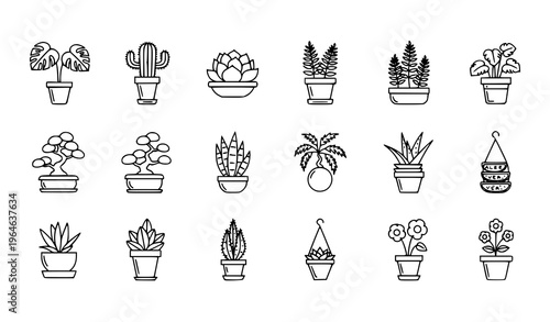 Linear potted plants icon pack with houseplants cactus monstera and indoor greenery for UI design