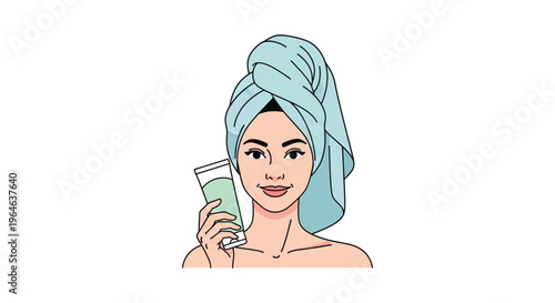 Smiling woman with blue towel on head holding skincare product in pastel colorful lighting for beauty advertising