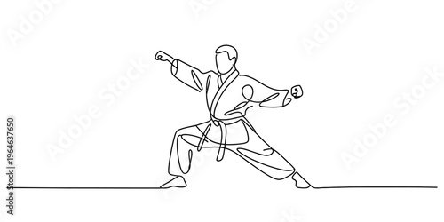 A single continuous line drawing of a person performing a martial arts stance in a karate uniform. Vector, illustration