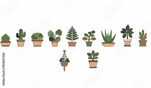 Modern potted plants line icon collection with indoor houseplants and decorative greenery for digital design