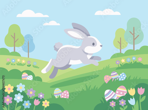 Easter Bunny Running Through Spring Meadow with Decorated Eggs.