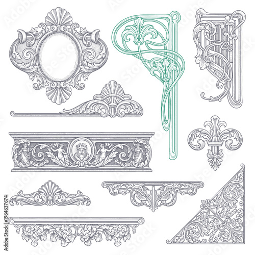 Vintage Baroque  elements set. Whimsical, filigree, swirl floral design elements for Victorian classic frames, borders, corners, patterns, wedding invitations, card decorations, art nouveau