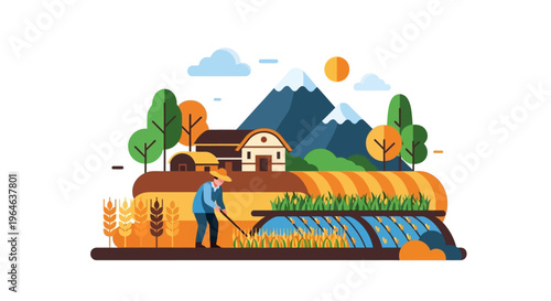Farmer Cultivating Fields on a Rural Farm Landscape. Flat Design Illustration of Agriculture, Sustainable Farming, and Food Production with Mountains and Greenhouse.