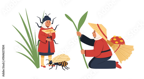 Ecological Harmony in Agriculture: Farmer Cultivating Plant, Bug-Woman & Bee Representing Nature's Interconnectedness