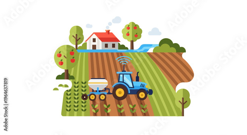 Precision Agriculture Smart Farm: Autonomous Tractor and IoT Technology in a Modern Rural Landscape Flat Design