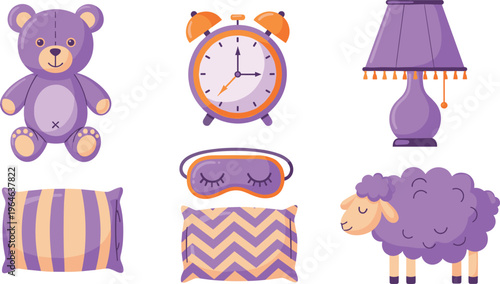 Cute Bedroom Elements Vector Set with Teddy Bear, Alarm Clock, Lamp, Pillows, Sleep Mask and Sheep for Kids Room Design and Nursery Illustrations
