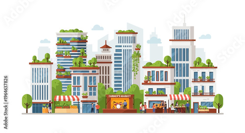 Vibrant Sustainable Cityscape: Green Buildings, Farmer's Market, and Community Life Illustration
