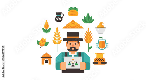 Smart Farmer Managing Crops with Digital Tablet and Agricultural Icons - Modern Farming Technology & Sustainable Food Production Vector Illustration