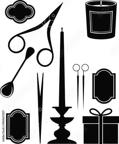 Black silhouettes of 41 christmas decorations and candle