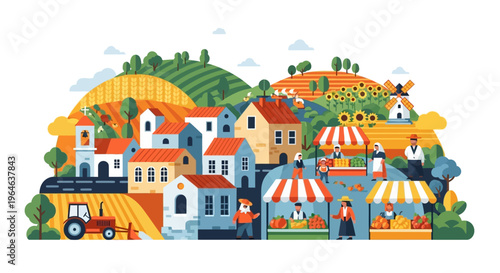 Vibrant Countryside Village Illustration with Farmers Market, Fields, and Farm Life