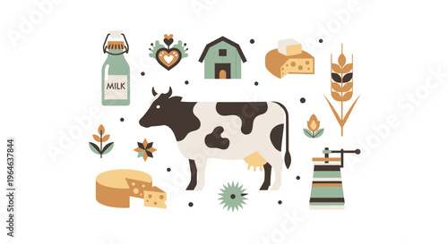 Modern Farm & Dairy Products Illustration: Cow, Milk, Cheese, Barn & Wheat Flat Design Elements
